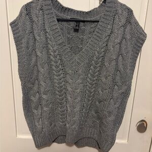 Gray V-Neck Cable Knit Sweater